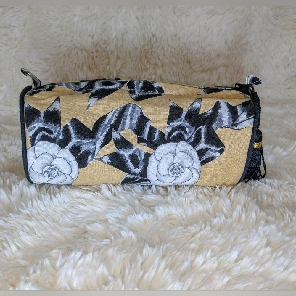 Vintage Chanel Camellia Rose Cosmetic Makeup Bag with Tassel